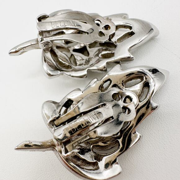 Vintage Bellini Earrings Signed Crystal Rhinestone Leaf Spray Silver Tone - Picture 8 of 12